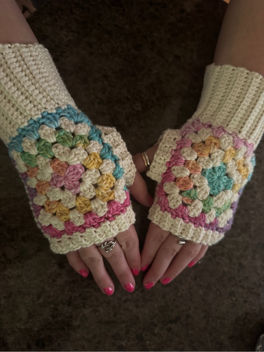Crochet Fingerless Gloves - Pastel Multicolor - 100% Cotton